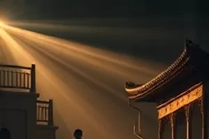 剧集《晚风邮局》封面，傍晚邮局门前的绿色邮筒与长椅